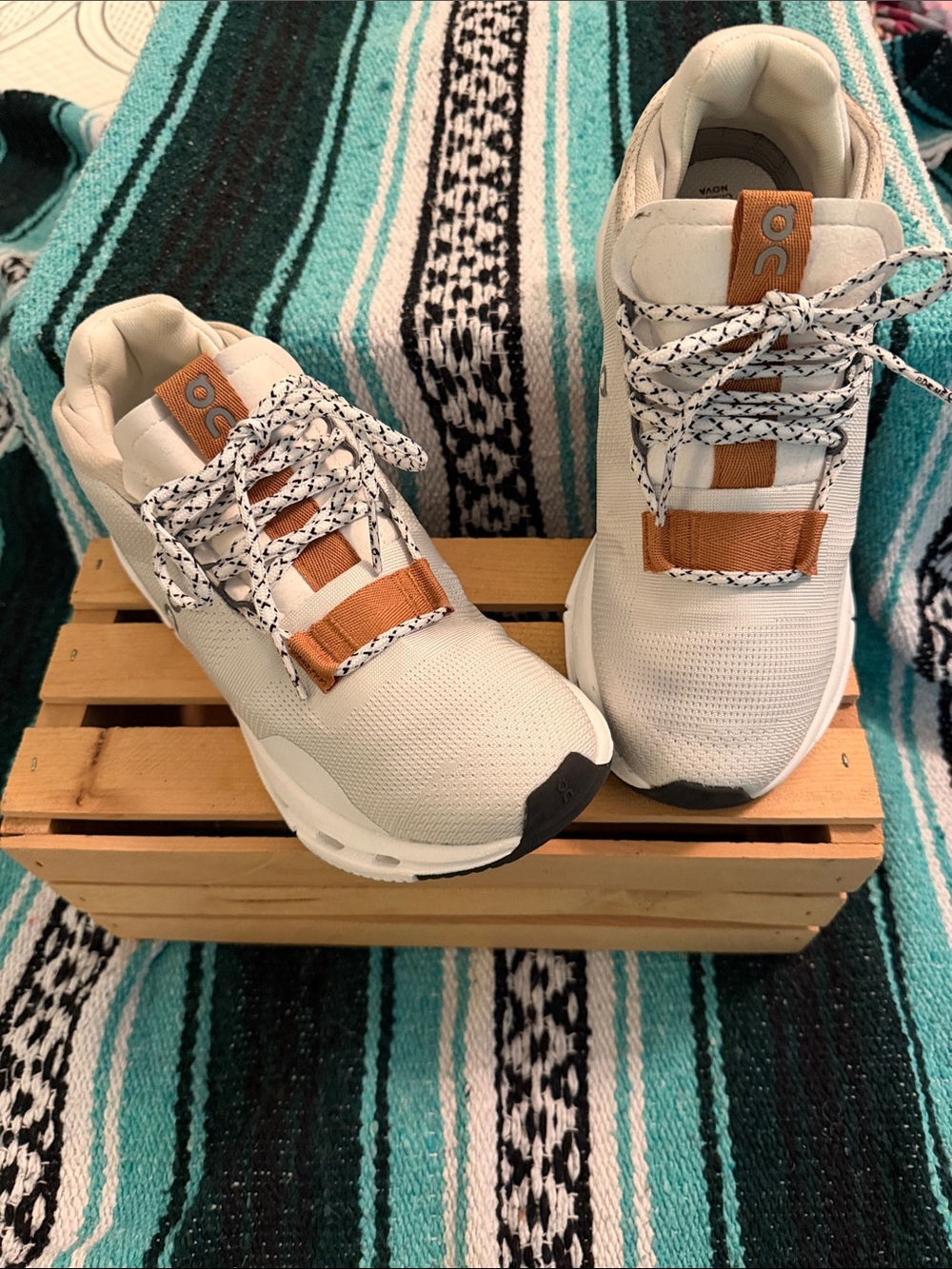 On Running Women’s White Sneakers with Tan Accents - Picture 2 of 9